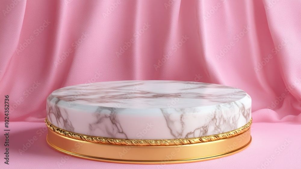 Poster 3d rendering of a marble and gold podium against a pink backdrop