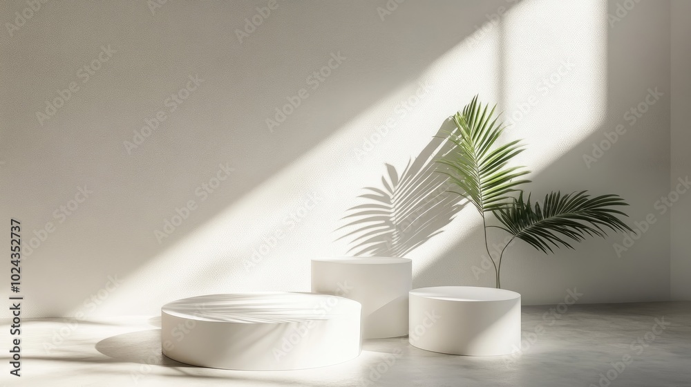 Poster bright white podiums illuminated by sunlight featuring the shadow of a palm leaf in a minimalist set