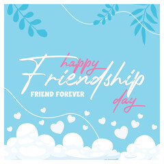 Handwritten Happy Friendship Day. Leaf decoration on blue background. Friendship Day concept. Flat vector illustration.