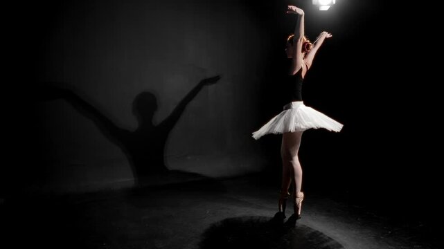 Classic ballerina dancing choreography of white swan, dark silhouette on wall . Beautiful graceful ballet dancer lady performing amazing dance in rehearsal hall, slow motion shot, art and mystery
