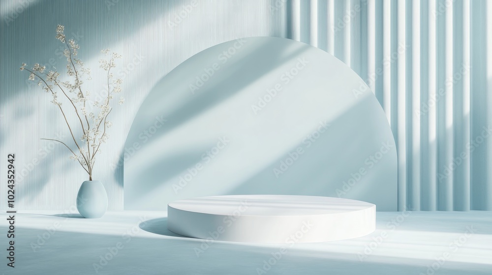 Poster 3d abstract studio space featuring a pedestal podium white and pastel blue geometric platform with o