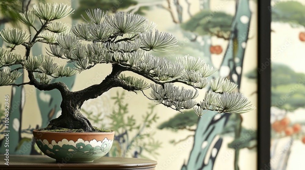 Poster close up of a beautiful dwarf tree in a pot during morning light