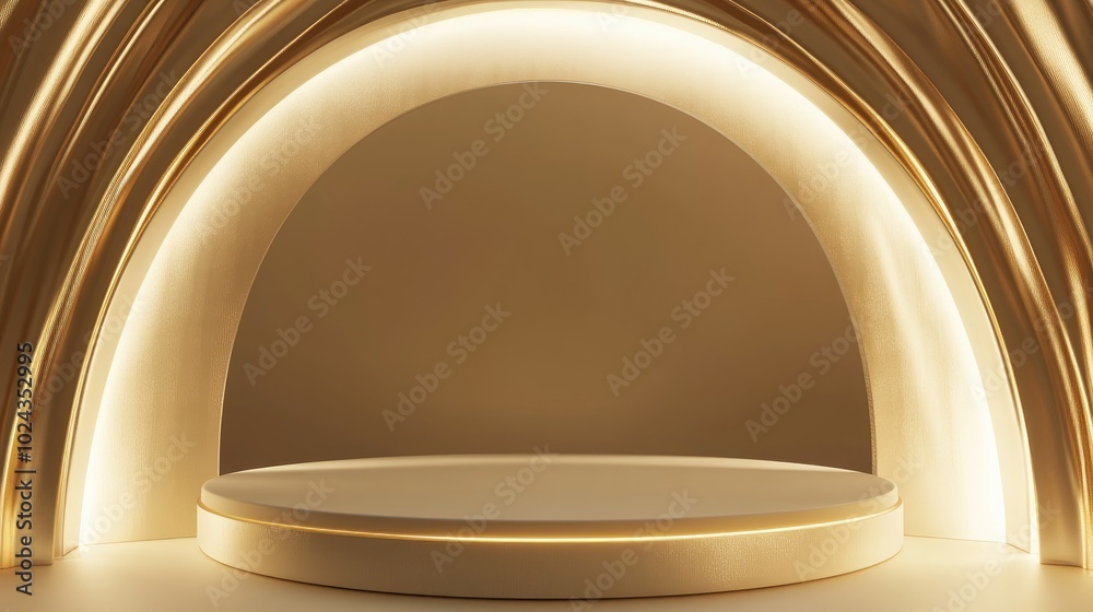 Poster 3D render of an abstract background featuring an empty circular stage golden arch and winding road Modern minimalist display scene with a round platform for showcasing luxury products