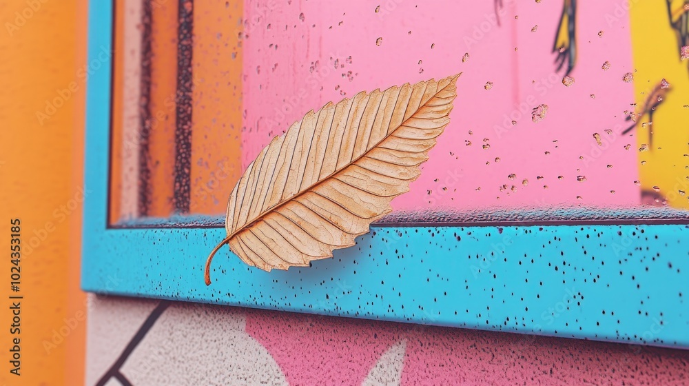 Poster Close up of a dried leaf resting on a window ledge