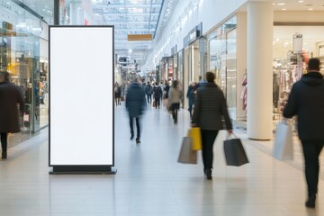 Blank billboard in busy shopping mall with shoppers