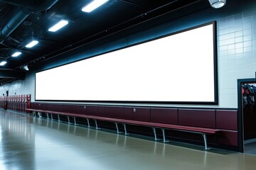 Blank billboard in modern indoor hallway with red benches