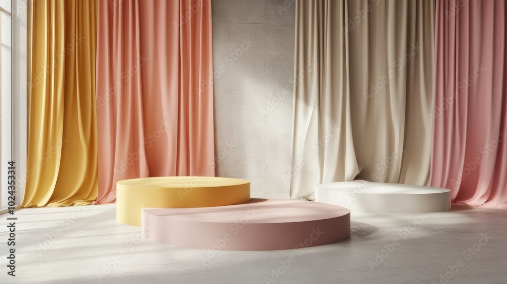 Aufkleber 3D render of abstract platforms featuring golden pink and white shapes and drapes Geometric forms presented in a contemporary minimalistic style Realistic mock up designed for promotional use back