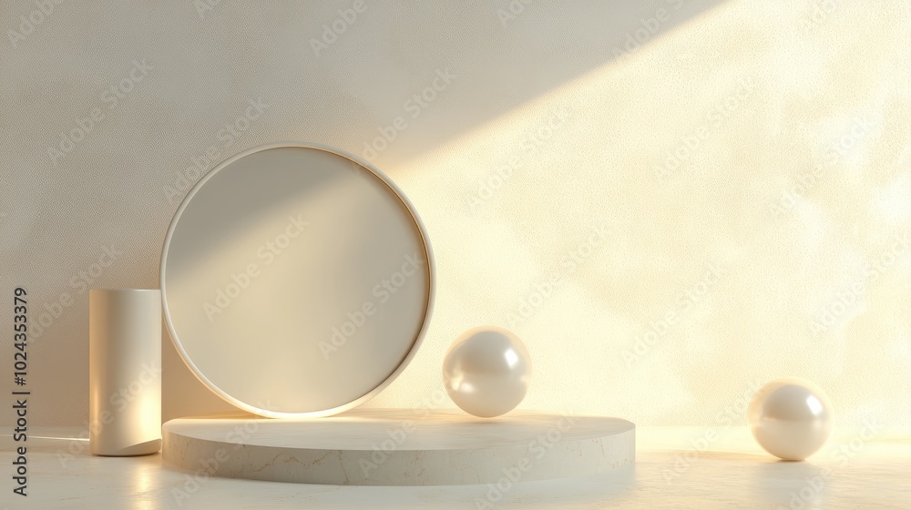 Aufkleber 3D rendering of an abstract cosmetic backdrop featuring a product An empty scene includes a cylindrical mirror and spherical lights on the floor set against a pastel cream minimal wall Ideal for a