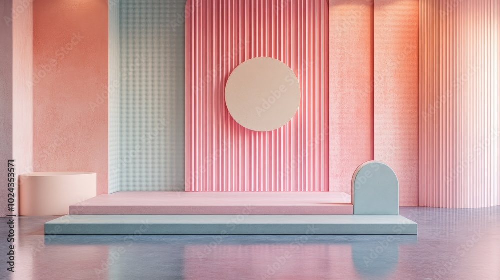 Aufkleber 3D rendering of an abstract geometric backdrop featuring a minimalist mock up template an empty fashion showcase primitive shapes a circular niche and an art deco display in pastel neon hues