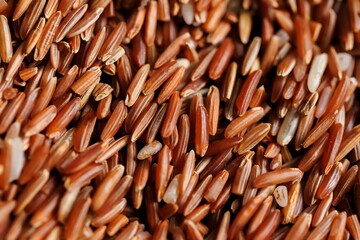 Red rice in a wooden spoon on red rice background