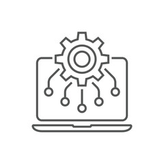 The image shows a gear on a laptop screen with connecting lines, symbolizing Dashboarding. It represents the integration of technology, data, and processes for efficient tracking and control.
