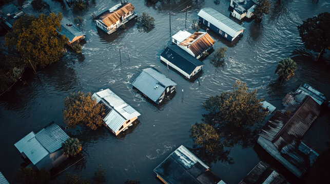 Aerial view of flooded residential area following a severe hurricane showing inundated houses and trees