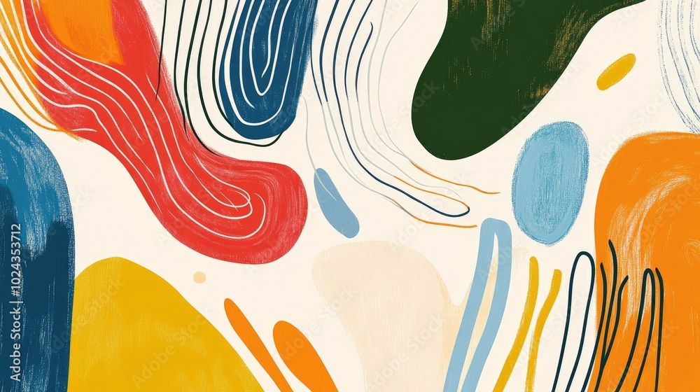 Aufkleber Abstract painting featuring a dynamic background with intricate lines and shapes Includes rainbow curves and arcs Hand drawn vector scribble illustrations for a Scandinavian style design suitable