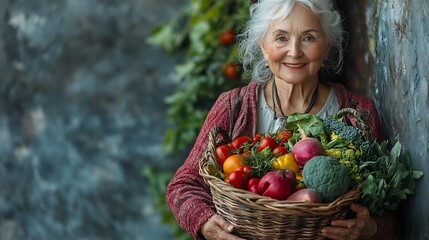 A smiling senior woman holds a basket of fresh, colorful vegetables.