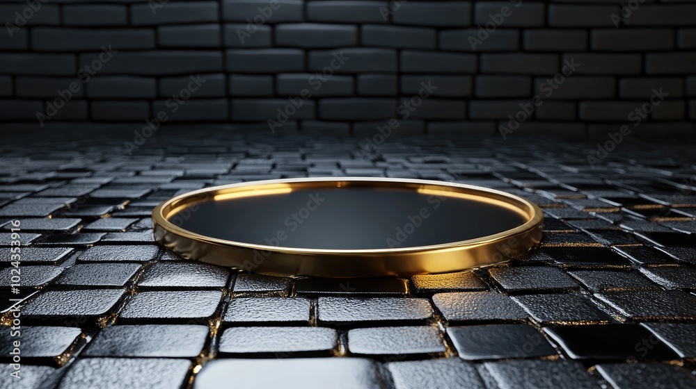 Aufkleber 3D render of an abstract modern minimal background featuring black and gold cobblestones with reflections on a wet floor An empty showcase with a golden round frame serves as a platform for produc