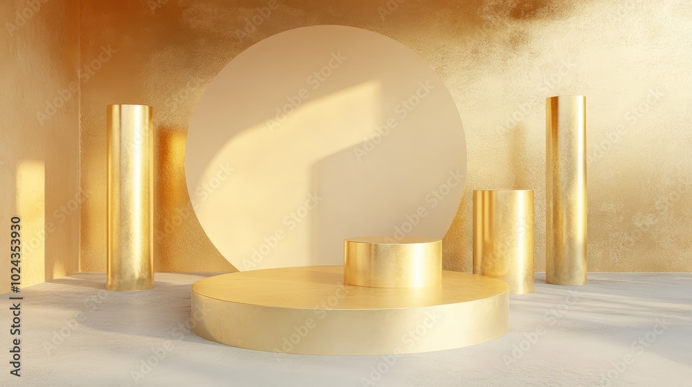 Aufkleber Collection of gold geometric pedestals with minimal circular backdrop and pillars in an abstract studio setting Clean scene for showcasing cosmetic products and promotions 3D rendering