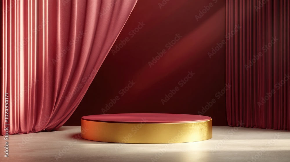 Poster 3d rendering of a bright maroon and dark red flat lay cylinder podium featuring a minimalist luxury 
