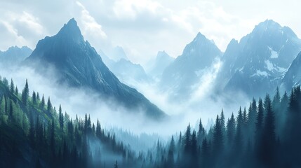 Obraz premium Serene mountain landscape with mist and lush forests, evoking tranquility and nature's beauty.