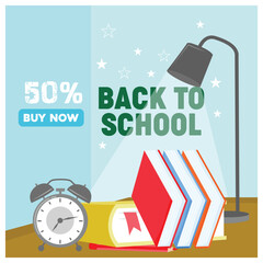 Naklejka premium School equipment, alarm clock, and study lamp on the table. Bright color background. Back to School concept. Flat vector illustration.