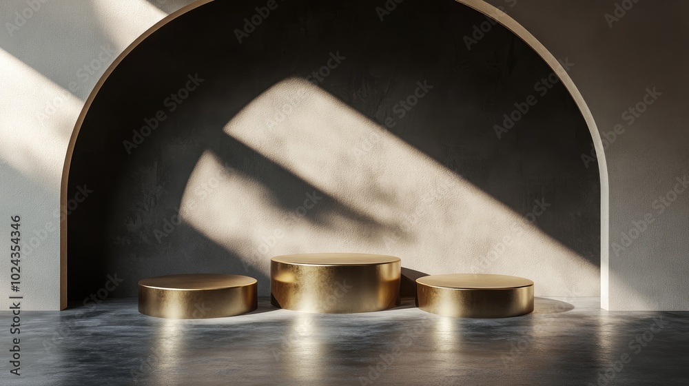 Aufkleber Abstract concept featuring three circular pedestals arranged in a minimalist space with dark tones designed for showcasing products on a golden platform 3D render