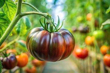 Sweet juicy black tomato ripening on branch in greenhouse