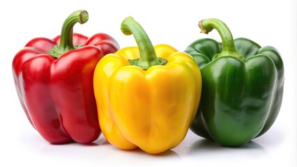 Sweet pepper red green yellow paprika on white background with clipping path, full depth of field silhouette