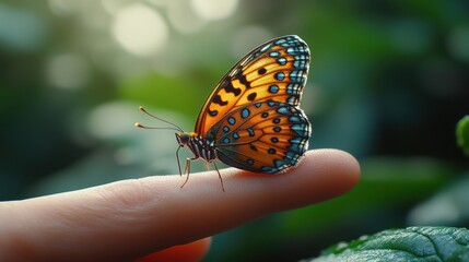 A vibrant orange and blue butterfly perched gently on a finger, with a soft green bokeh background.