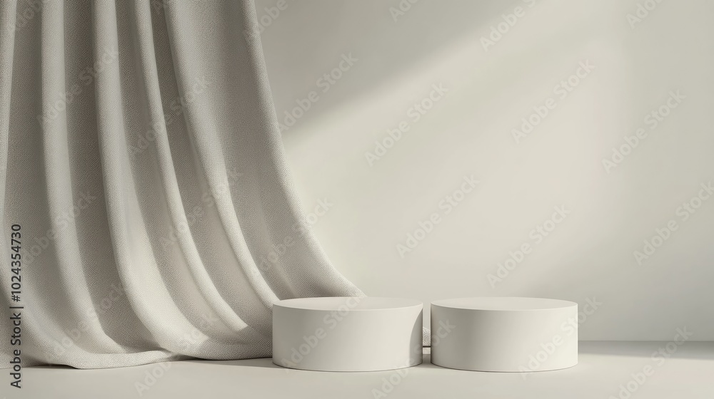 Poster 3D rendering of an abstract grey backdrop featuring a modern minimalistic display with two vacant cylinder pedestals for showcasing products