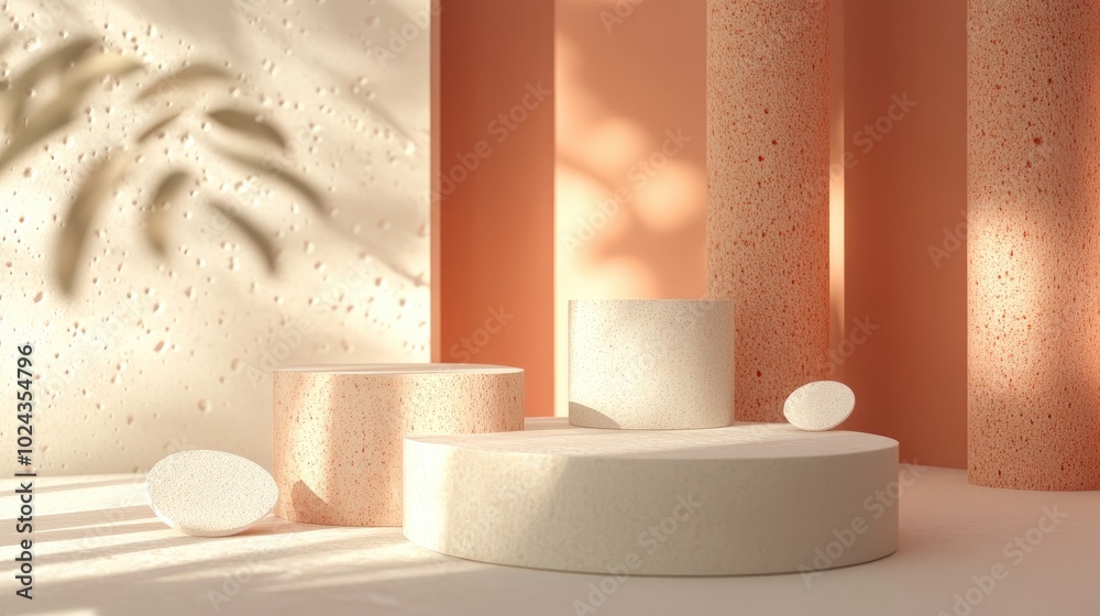 Aufkleber 3D podium display featuring geometric beige tones Abstract showcase with a white and coral studio backdrop ideal for product promotion or branding offering ample copy space Trendy 3D render mockup