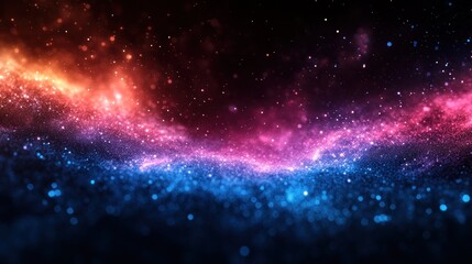 Abstract background with swirling blue, red, and orange particles in a dark space.