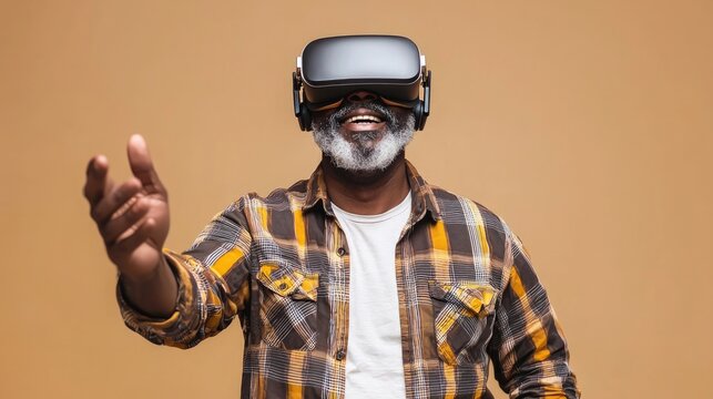 Immersed in the Game: Middle-Aged Black Man Enjoying Virtual Reality Experience on Beige Background - Powered by Adobe