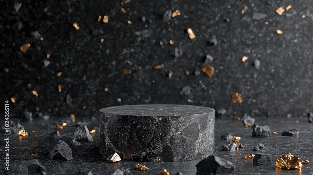 Poster 3D render featuring an abstract backdrop of dark cobblestone remnants fragmented stones and gold nuggets Contemporary minimalist display scene with a vacant cylindrical pedestal for product showca