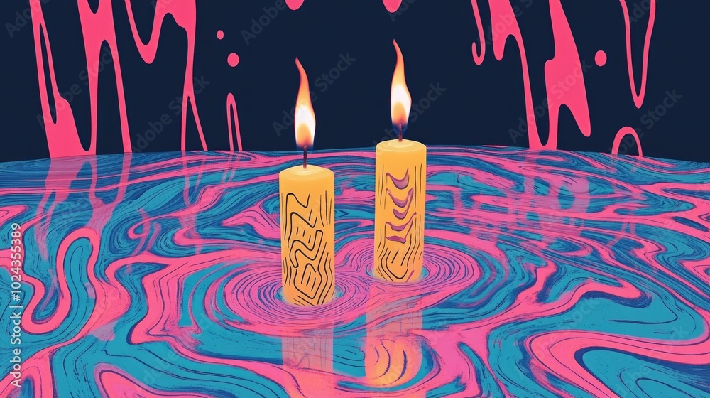 Poster Candles Glowing in Darkness with Reflections and Shallow Depth of Field