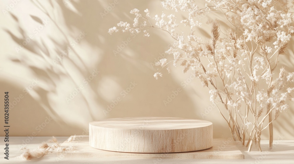 Aufkleber 3D rendering of a beige wooden rectangular and round podium against an abstract background ideal for cosmetic product advertising Concept focused on organic cosmetics and food