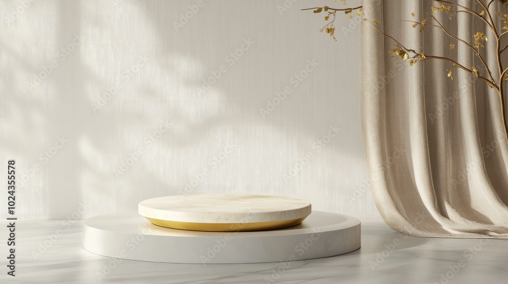 Leinwandbilder 3D rendering of a minimal product display featuring a circular podium with gold accents on textured fabric suitable for luxury cosmetic product photography from an overhead perspective