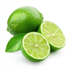 Green lime with cut in half and slices isolated on white background