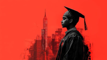 Obraz premium Student in cap and gown blended with futuristic urban skyline, symbolizing education and career growth, with room for copy space in minimalist design