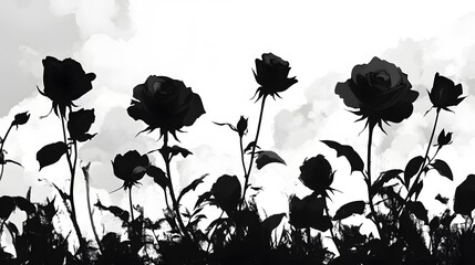 Silhouettes of Black Roses Against a White Watercolor Background