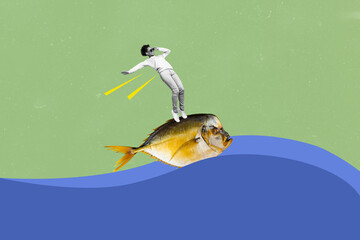 Composite photo collage of happy american girl ride dorado fish summer ocean travel fresh meal fishing isolated on painted background