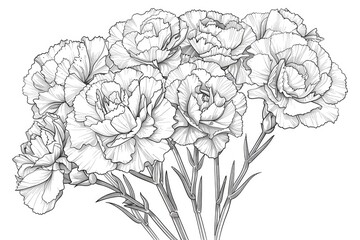 Coloring book illustration of a bouquet of carnations