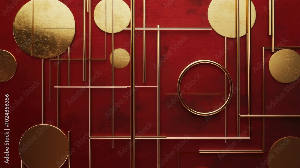 Poster 3d illustration of wall decor featuring golden shapes circles and lines in a minimalist mural design
