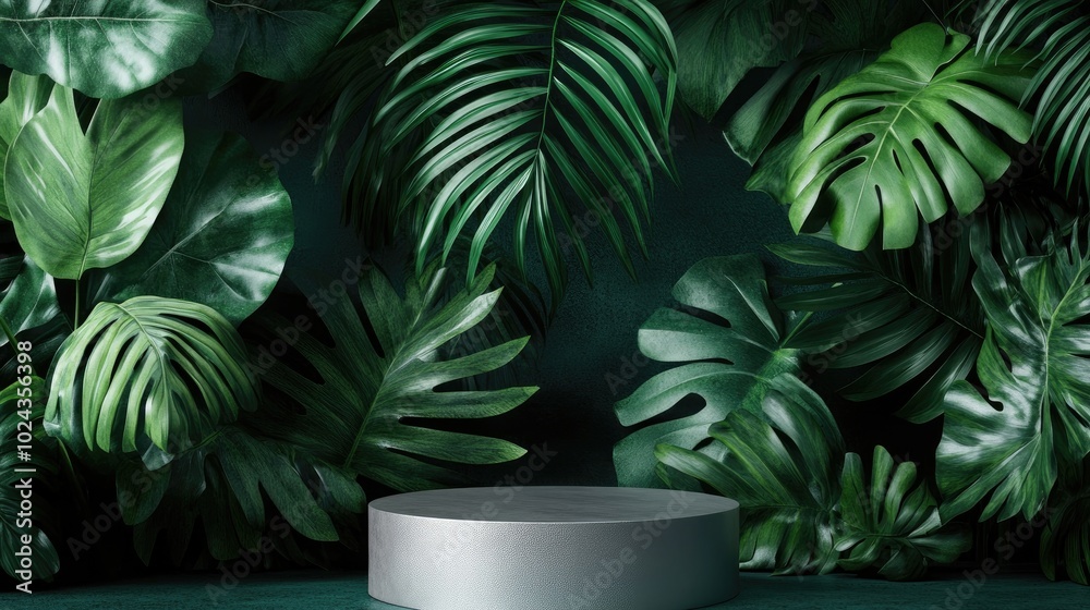 Poster 3D rendering of a podium display featuring a tropical leaf backdrop