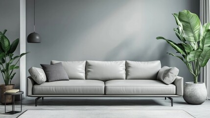 Serene Minimalist Modern Living Room with Sleek Leather Sofa on Light Gray Walls