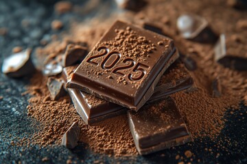 chocolate with the word "2025" carved into it, surrounded by cocoa powder and broken pieces of a dark, rich milk chocolate bar on top of an old black table, New Year, Christmas