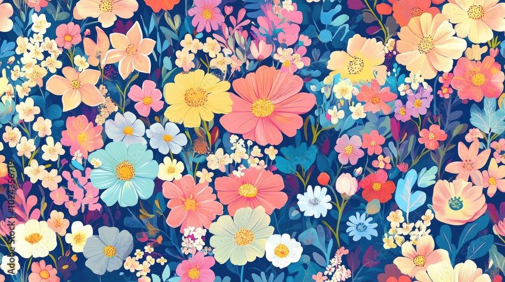 Aufkleber a seamless pattern featuring various fantasy flowers in an abstract style against a vibrant backdrop