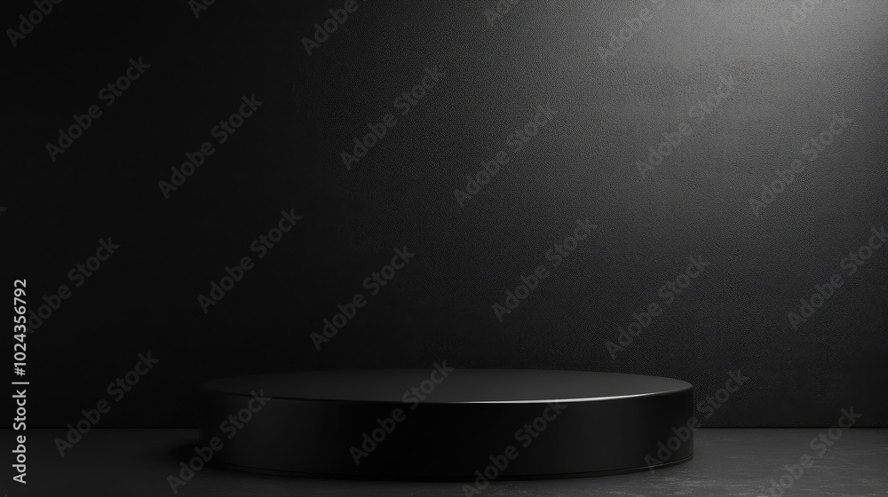 Poster black podium against a dark backdrop for showcasing products minimalistic pedestal setup for cosmeti