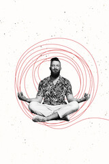 Vertical photo collage of serious man do yoga retreat asana buddhism om ritual harmony focus...