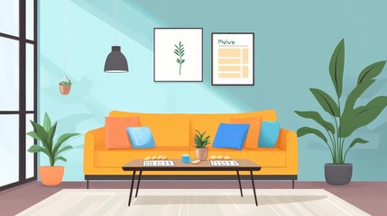 Cozy and Inviting Living Room with Vibrant Furniture and Decor