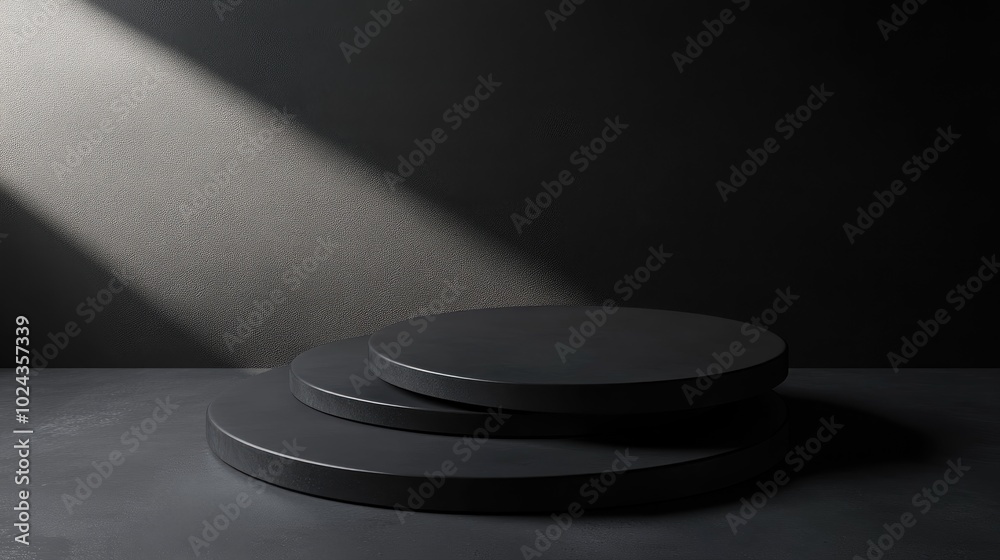 Aufkleber 3D render of a minimalist round matte black table top set against a dark backdrop with a spotlight ideal for showcasing men s products Space for templates presentations and exhibitions