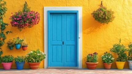 Fototapeta premium Vibrant Blue Door and Flower Pots